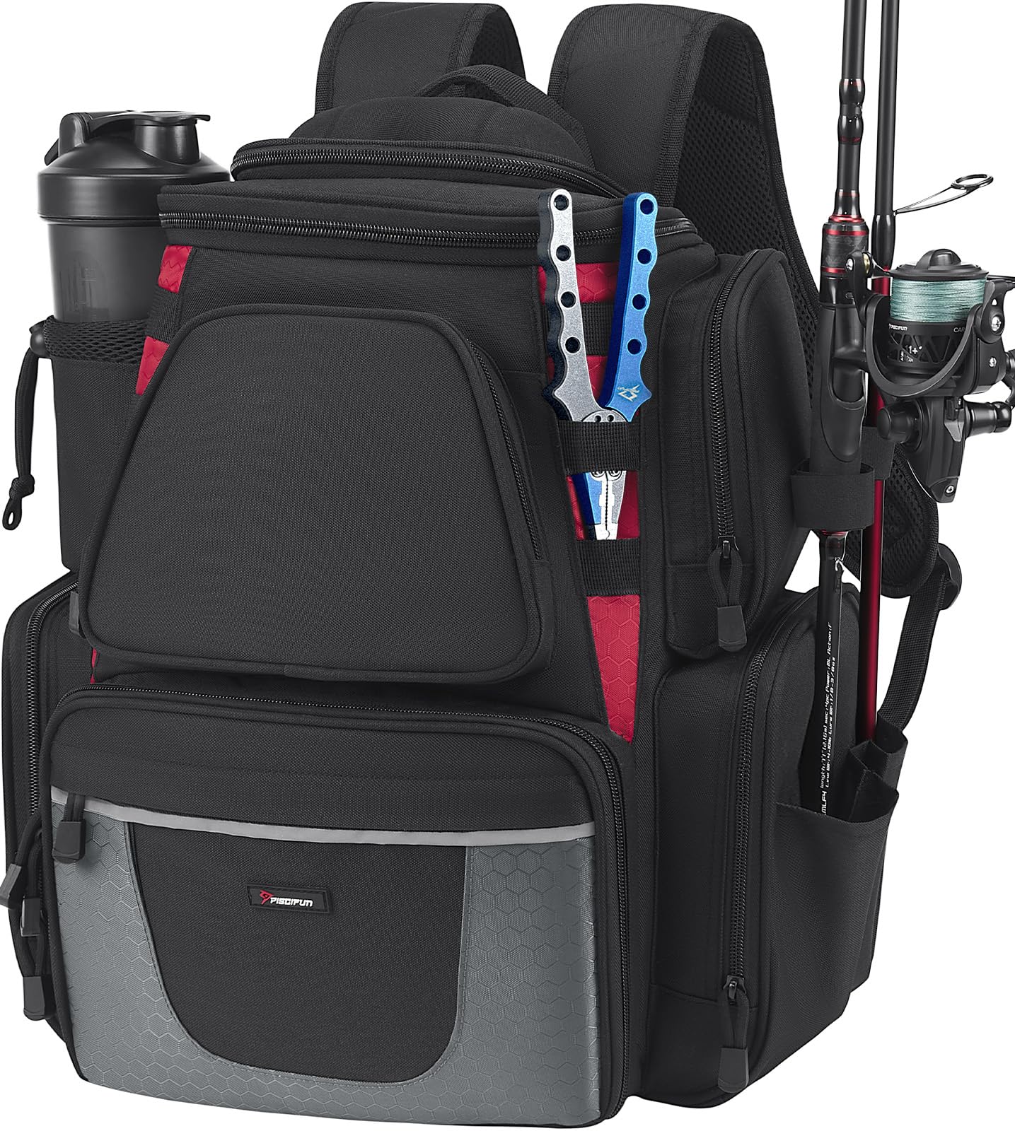 Piscifun Fishing Backpack with 2 Rod Holders, 4 Boxes & Rain Cover, Black