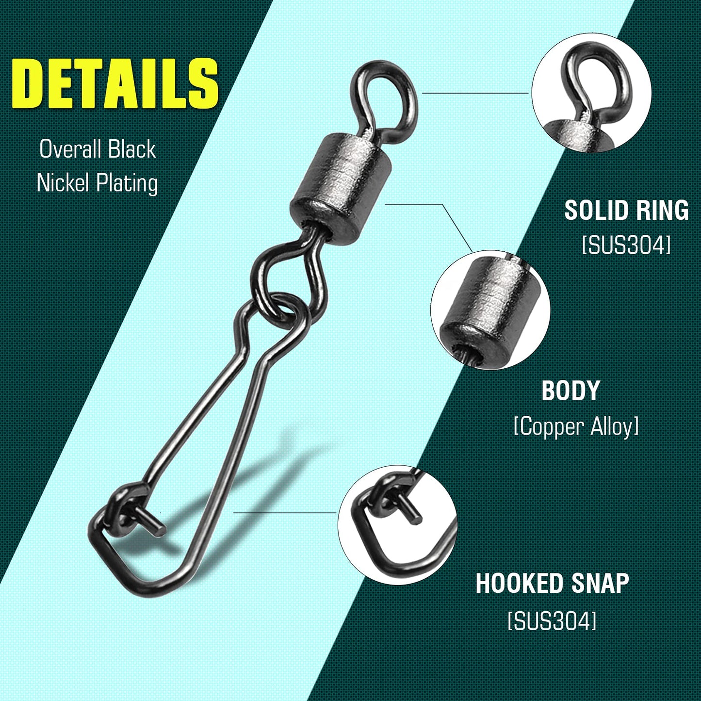 AMYSPORTS Saltwater Rolling Fishing Swivel Tackle High Strength Fishing Snap Barrel Freshwater Trolling Swivel Snaps Lock Lure Connector Accessories, 100pcs, 44lbs