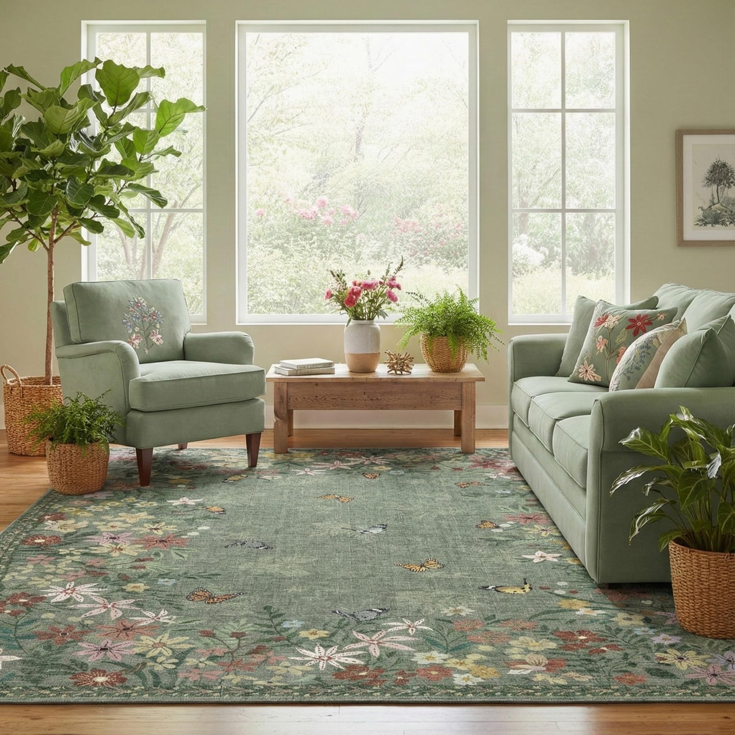 Floral 5x7 Green Area Rug Machine Washable Soft Print Boho Carpet Non Slip Rugs Low Pile Flower Area Rugs for Living Room Bedroom Nursery Kitchen Dining Room Indoor-Green