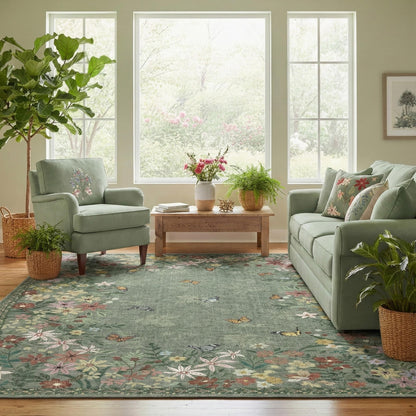Floral 5x7 Green Area Rug Machine Washable Soft Print Boho Carpet Non Slip Rugs Low Pile Flower Area Rugs for Living Room Bedroom Nursery Kitchen Dining Room Indoor-Green