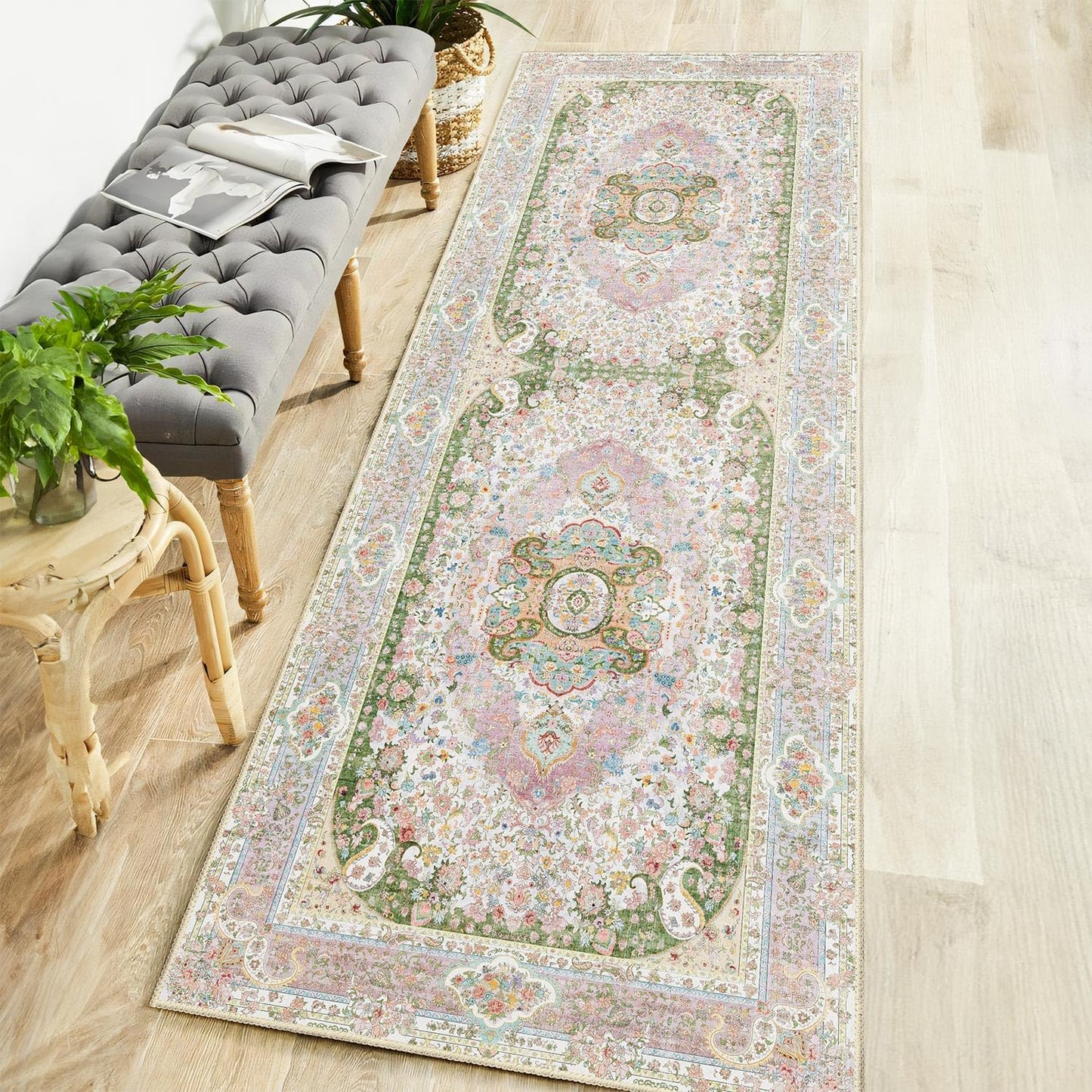 Castage Washable Runner Rug 2x6,Pink Rug Runners Non Slip,Long Boho Rugs for Hallways Kitchen Bedroom Entryway Living Room Bathroom,Vintage Bohemian Distressed Floor Carpet,Blush Green