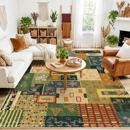 Flowers Patchwork Abstract 8x10 Area Rug, Green Soft Faux Wool Geometric Rugs for Living Room, Non Slip Low Pile Washable Indoor Carpet Rug for Bedroom, Entryway, Dining Room, Home Office Decor