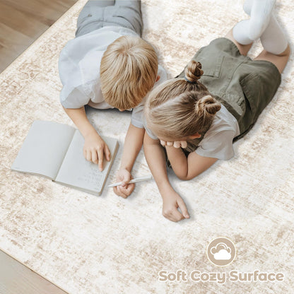 VECARF Area Rug 8x10 Washable Rug, Vintage Boho Medallion Rugs Non-Slip Soft Low Pile Large Distressed Rug Indoor Retro Carpet for Living Room Bedroom Dining Room Office Children's Room(Beige, 8'x10')