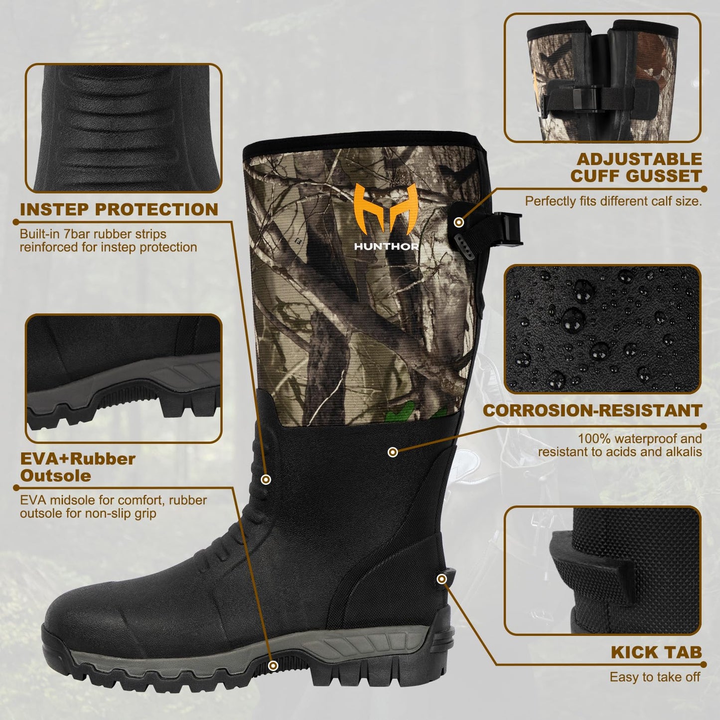 Hunthor Snake Boots for Men, Waterproof Hunting Boots, Insulated Rubber Boots, 6mm Neoprene Work Boots for Outdoor, Farming, Gardening and Fishing