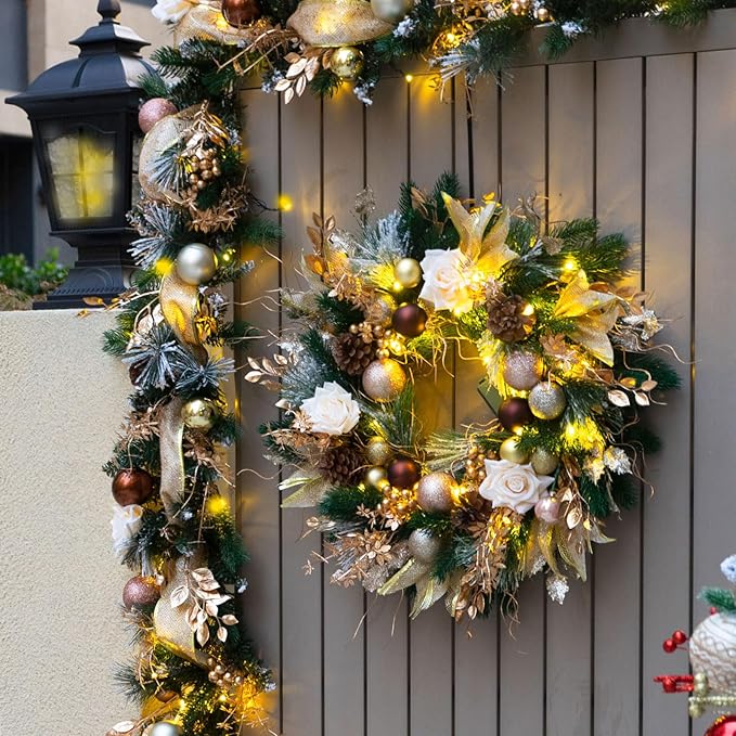 Christmas Wreaths for Front Door with Lights Pre-Lit 24 Inch Champagne Gold Door Wreath with Ball Ornaments, Rose Battery Operated Holiday Thanksgiving Christmas Wreath Decor