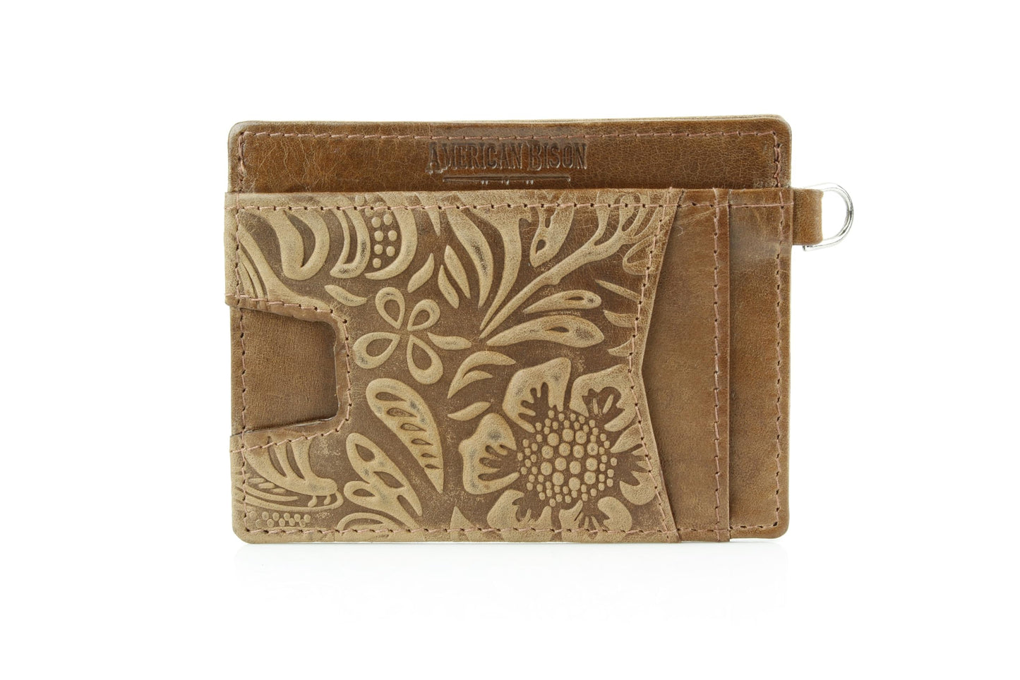 American Bison Embossed Floral Wristlet Wallet for Women – Small ID Card Holder with Credit Card Slots & Pull Tab Organizer – Compact Leather Wrist Strap Clutch (Tan)
