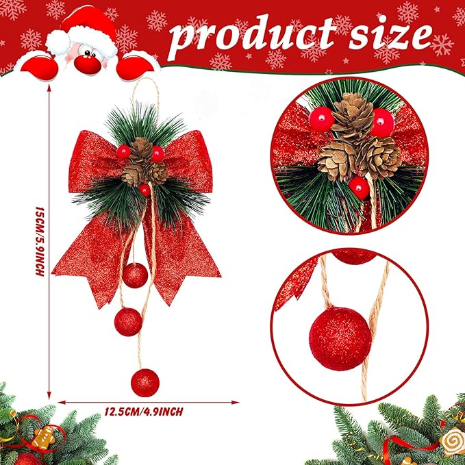 Xinnun 4 Pieces Christmas Buffalo Plaid Bows with Pine Cones Pine Needles Xmas Plaid Bow Ornament Christmas Tree Wreath Decoration for Holiday Parties DIY Crafts Home Decor (Red)