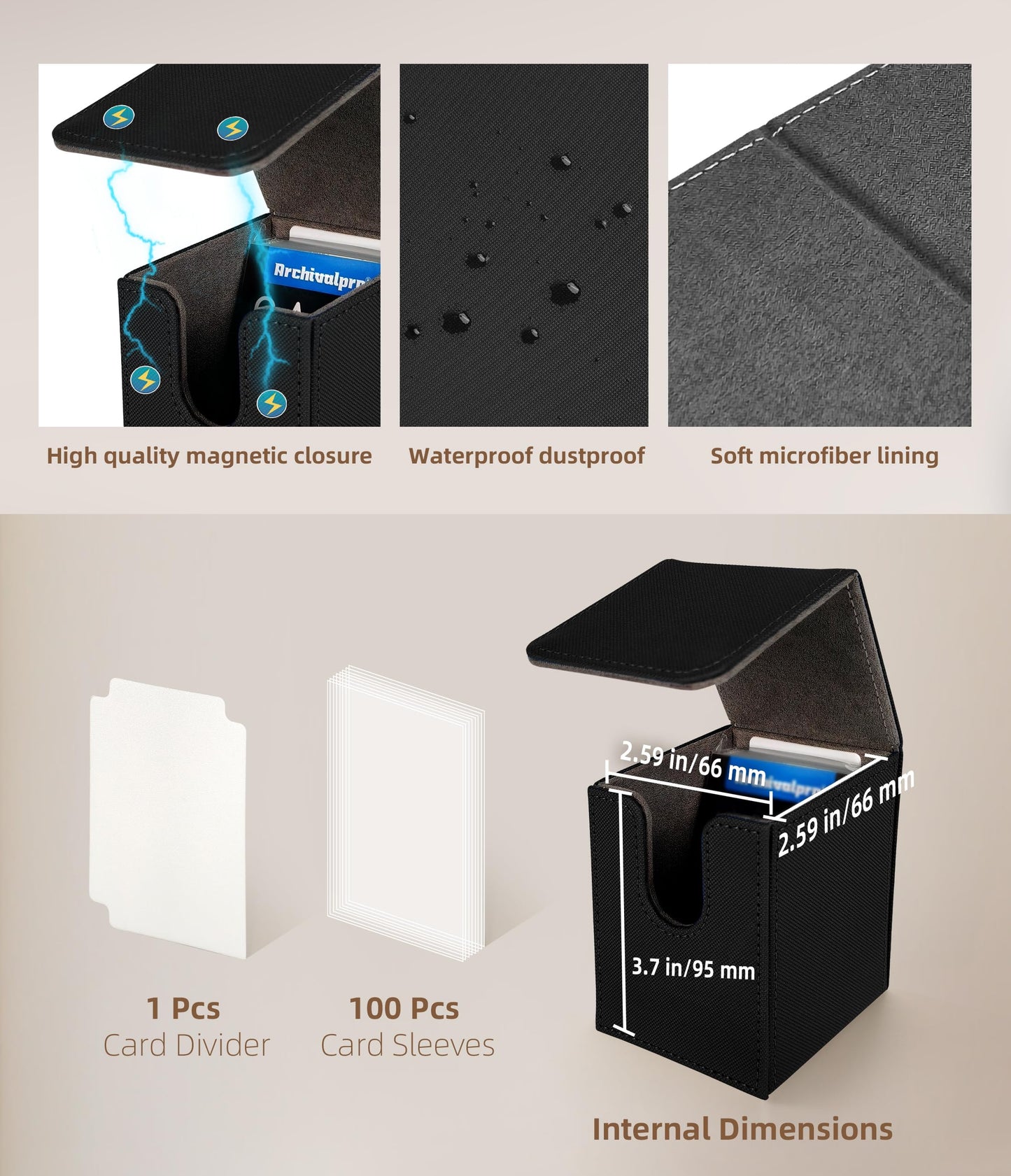 ARCHIVALPRO Card Deck Box for MTG Commander, Holds 100+ Double Sleeved TCG Cards, Magnetic Trading Card Storage Box with Card Sleeves(Black)