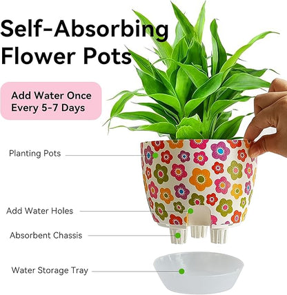 Print Flowerpots Round Plant Pots - 2 Pack Outdoor Garden Planter Plastic Indoor Modern Decorative Succulent Houseplant Pot with Drainage 5FP-COLFLW