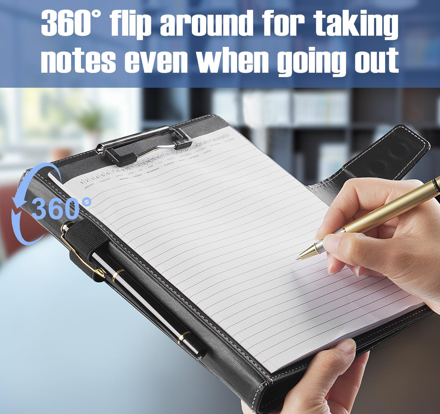 NOTEZMATE Padfolio Notepad Holder with Clipboard,A5 Faux Leather Padfolio Folder for Interview Resume,Magnetic Closure Legal Pad Folder with Business Holder,2 Pens & 5x8 Writing Pad for Office,Black