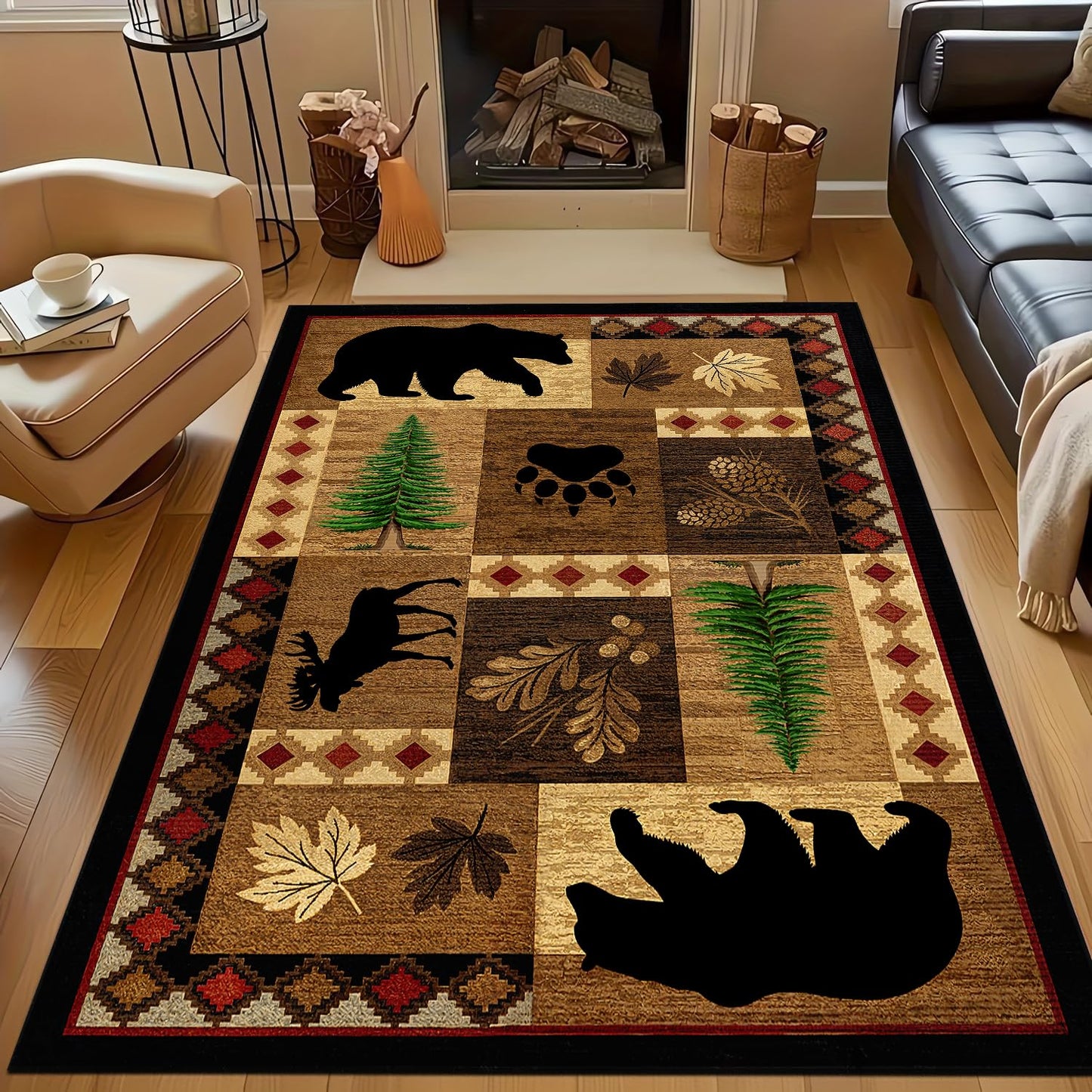 Bear Decor Rustic Throw Area Rugs Moose, 3x5, 4x6, 5x8, 6x9 Ft, Cabin & Living Room