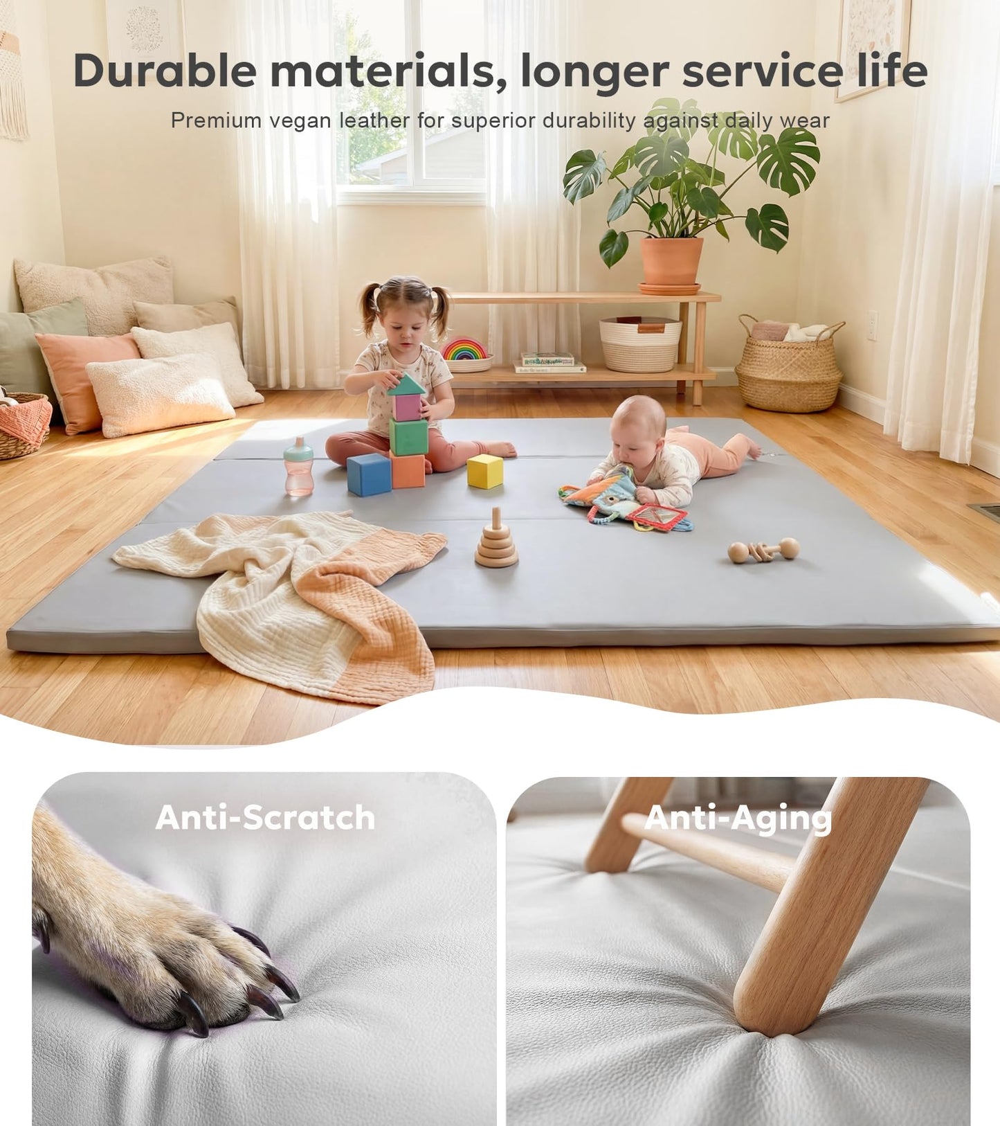 Mallify Foldable Baby Play Mat, 50''x50'' Waterproof Thicken Foam Vegan Leather Playpen Mat for Infants and Toddlers, Portable Baby Mat for Floor, Grey