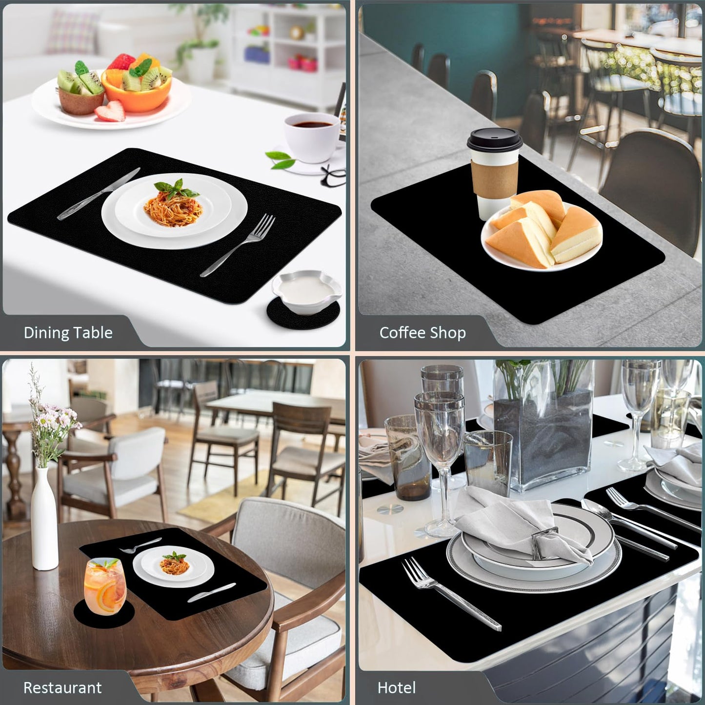 Keaixinyu Placemats and Coasters Set of 6, Waterproof、Oil-Proof Wipeable、Anti Slip PVC Leather Place Mats, Heat Resistant Reversible Table Mats for Kitchen, Dining, Outdoor 17’’×12’’, (Black)