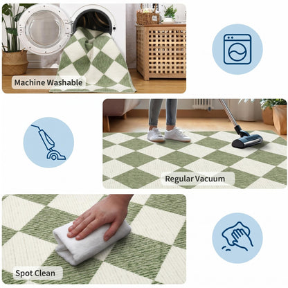 GarveeHome 5x7 Modern Checkered Area Rug, Sage Green Washable Rugs for Living Room Bedroom, Soft Low Pile Non Slip Diamond Floor Mat Plaid Print Throw Rug Indoor Carpet Dining Room Playroom
