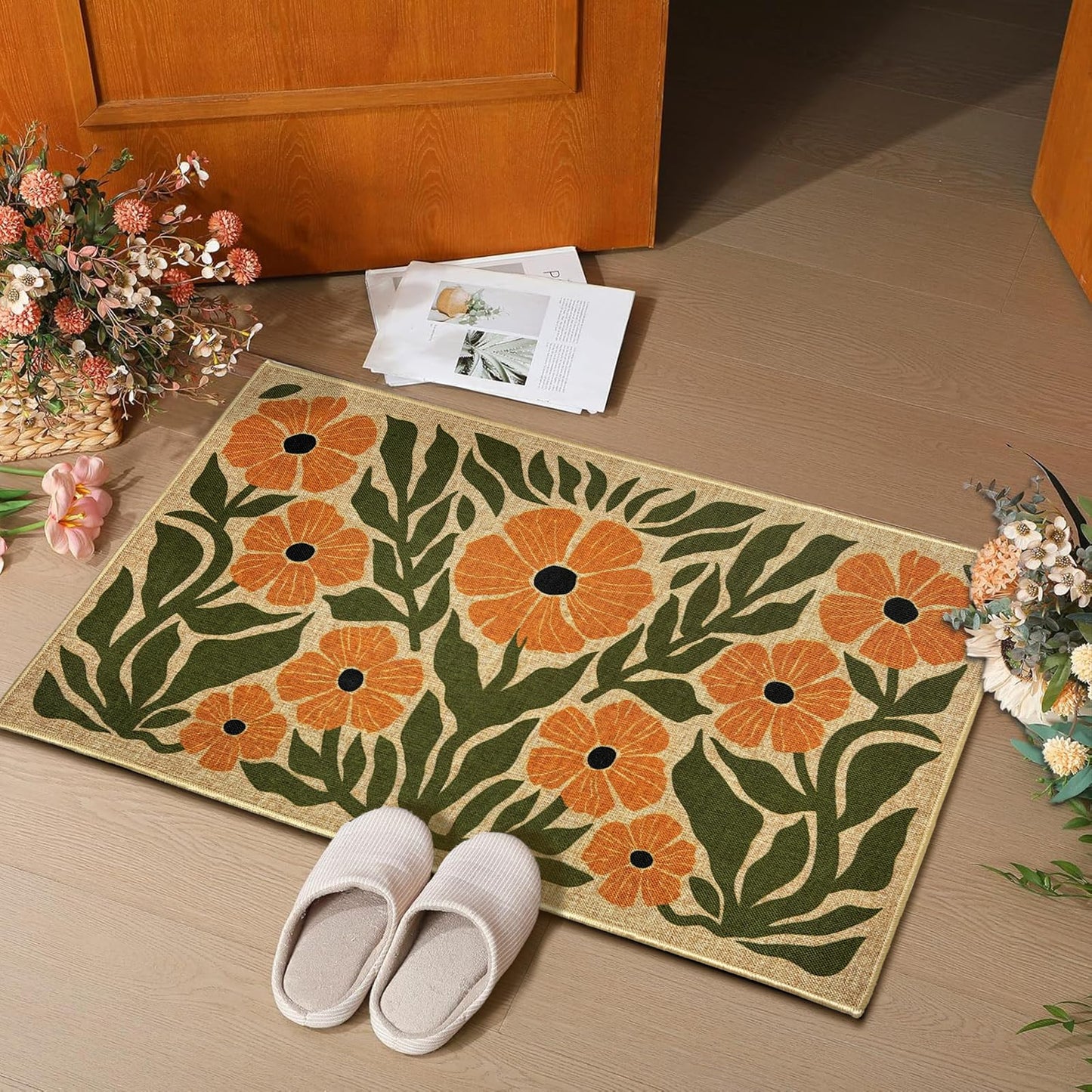 Front Door Mat Home Mats for Outside Enterway Indoor Outdoor Entrance Flower Doormats with Non-Slip Backing Floor Mats for Family Housewarming Gifts Summer Home Rugs for Bedroom Kitchen 16.9"x29.9"