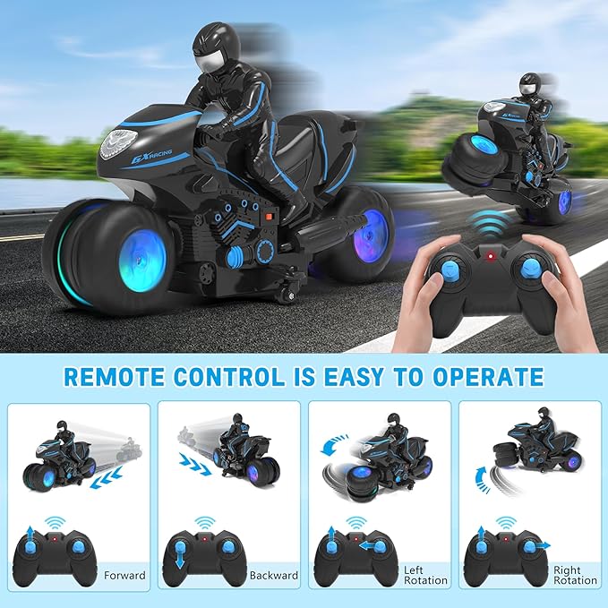 RC Motorcycle Remote Control Motorcycle with RGB Wheels Lights - 360-degree Rotations Drifts High-Speed RC Car Dirt Bike Toy for Boys 4-7 8-12 Years Kids