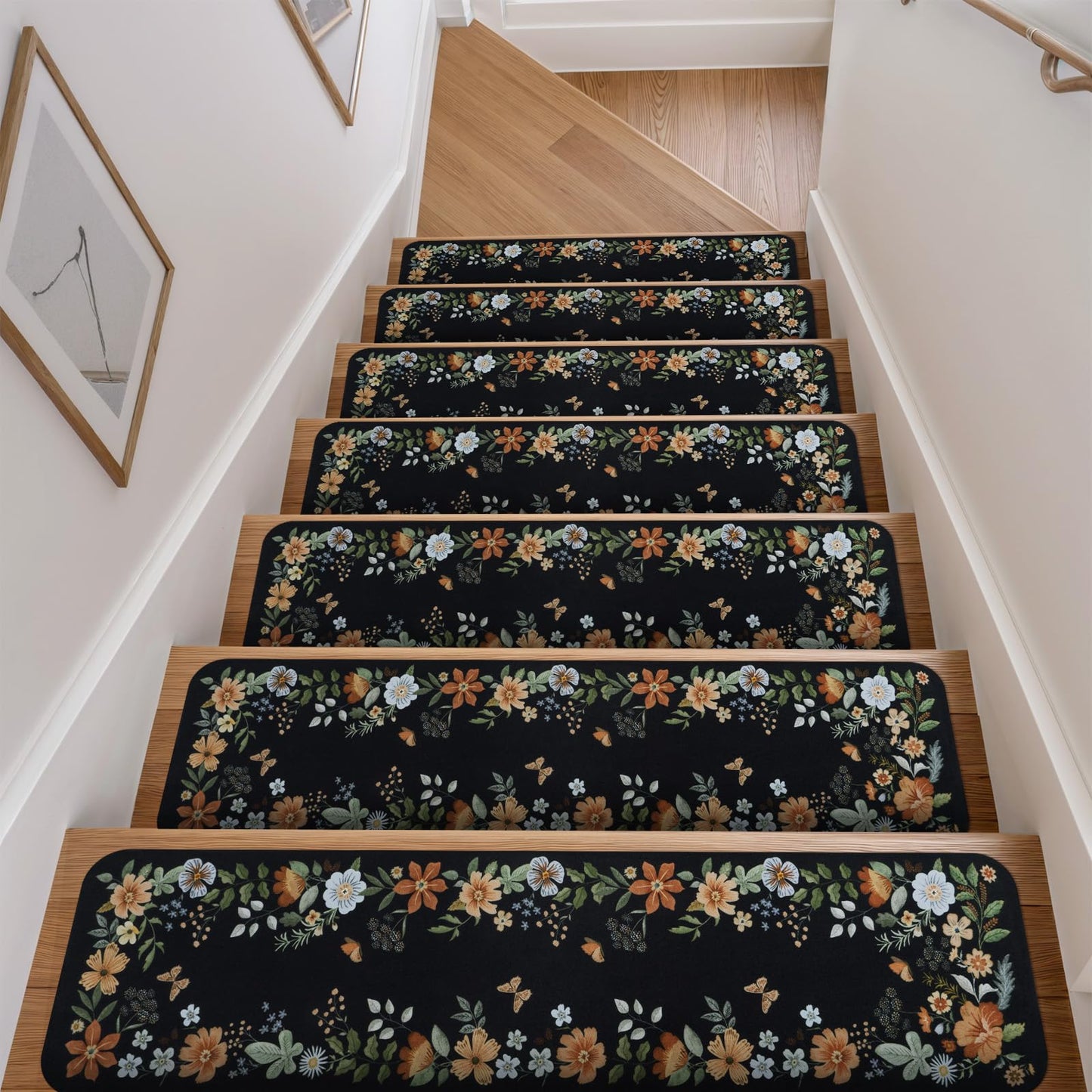 OJIA Floral Stair Treads Non-Slip Carpet Stair Treads for Wooden Steps Indoor 15PCS 30"x8" Stair Runner Stair Mats Staircase Step Treads for Kids, Elders and Dogs, Stair Covers, Black