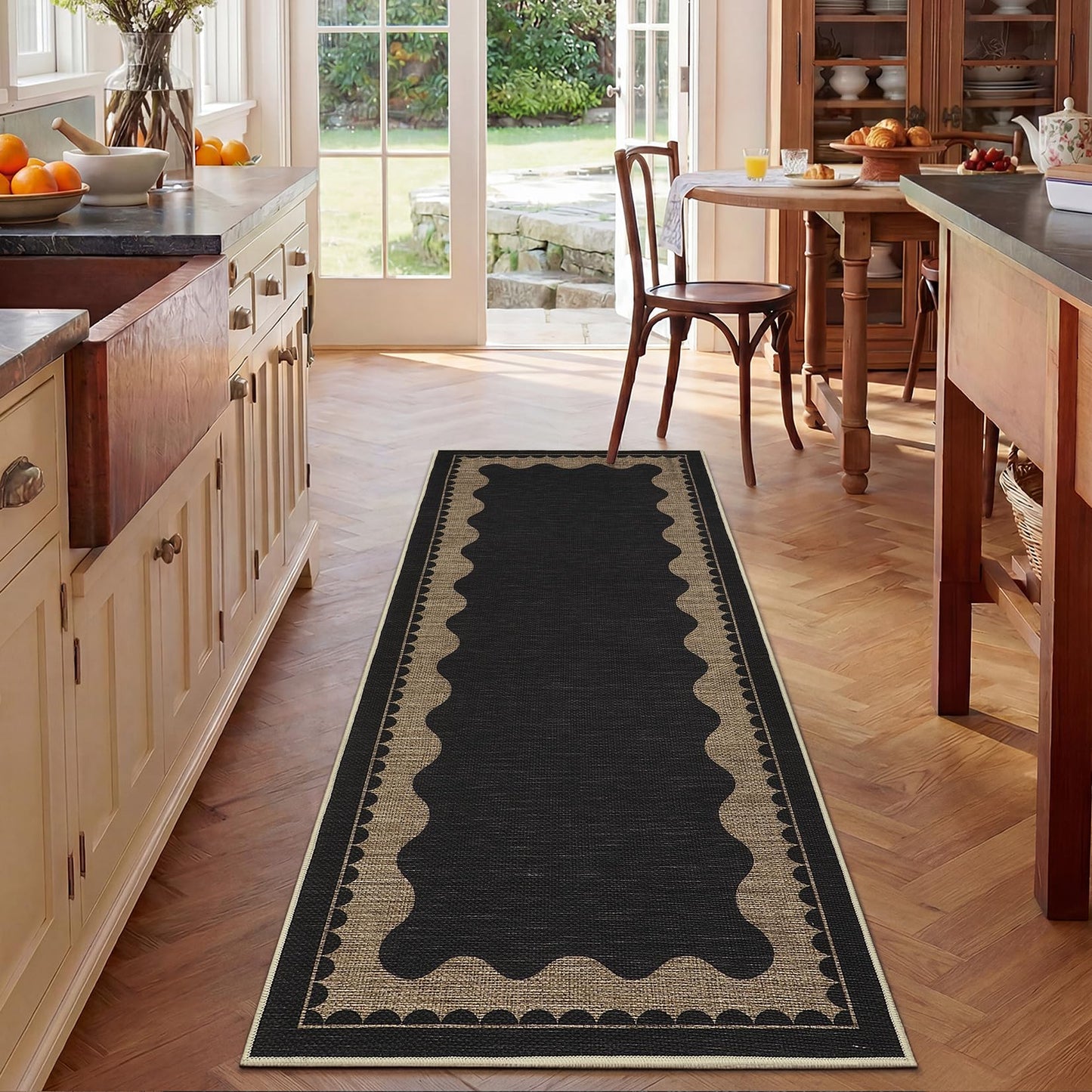 Garvee 2x6 Easy Jute Front Porch Rug, Neutral Scalloped Runner Rug with Non Slip Backing, Bordered Washable Rugs for Entryway, Stain Resistant Non Shedding Mats for Bedroom, Kitchen, Patio, Black