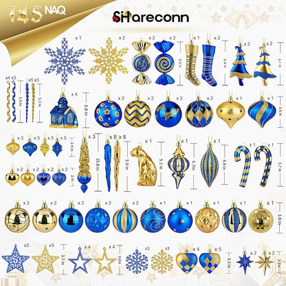 SHareconn 145pcs Christmas Balls Ornaments Set, Shatterproof Plastic Baubles Snowflakes, Stars and Tree Topper for Xmas Tree Holiday Wedding Party Decorations with Hanging Strings, Gold and Blue