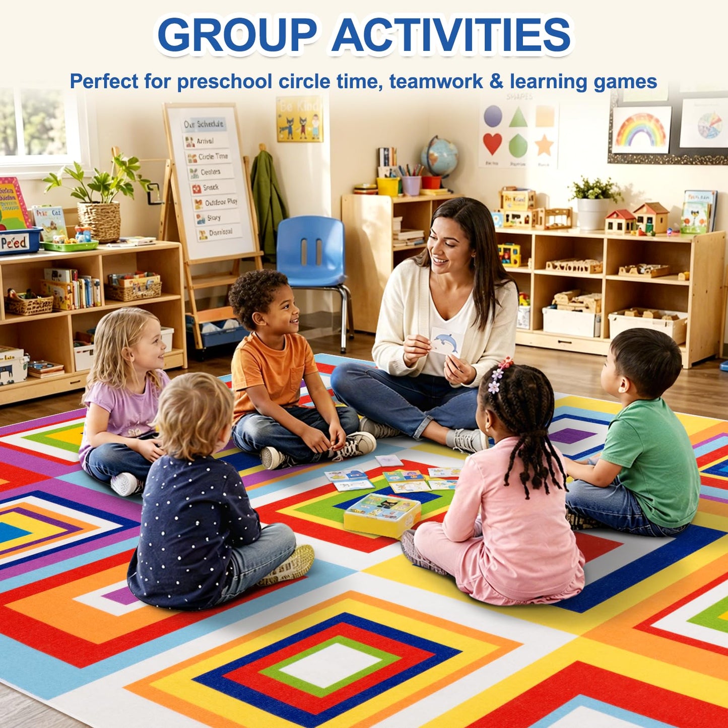 Classroom Rug for Kids, 6x9 ft Non-Slip Classroom Seating Carpet, Preschool Circle Time Rug for Kindergarten Daycare Nursery, Playroom Reading Corner Floor Mat, 20 Seats