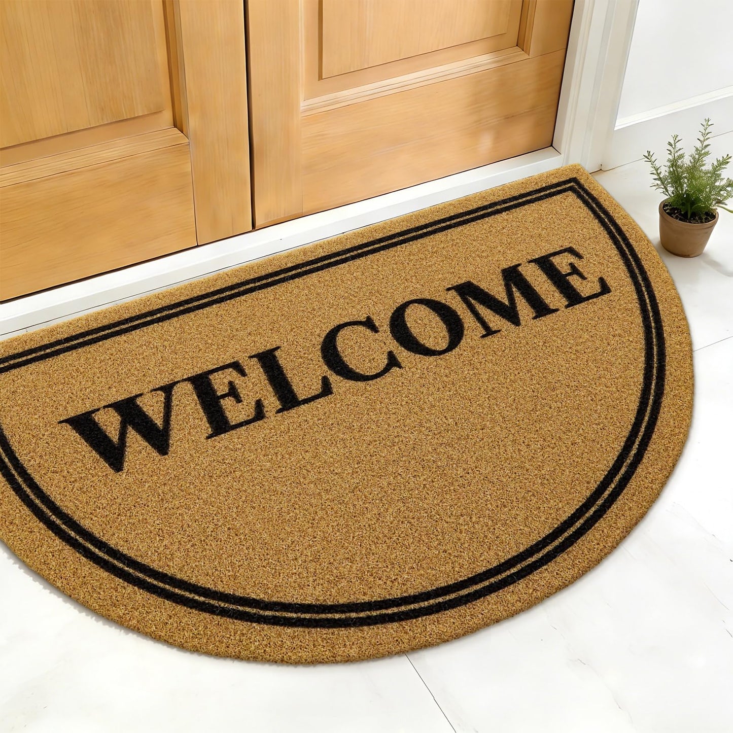 OLANLY Half Circle Front Door Mat, Low Profile Doormat, Stain and Fade Resistant, Easy to Clean, for Indoor and Outdoor Entrances, Patio Porch or Entryway, Brown (30x17 Inch, Welcome)