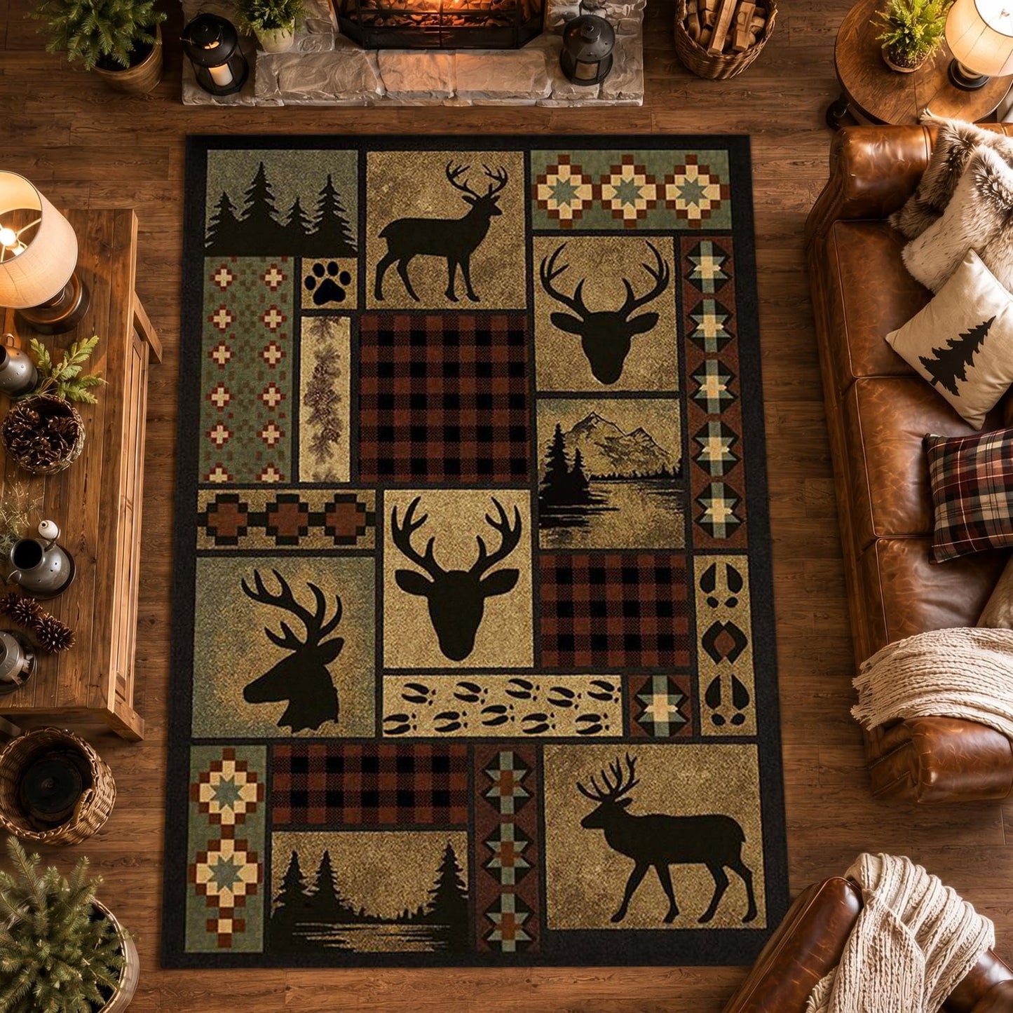 Deer Rug, 3x5 ft Rustic Lodge Cabin Carpet with Buffalo Plaid Wildlife Design, Washable Non Slip Hunting Rug for Living Room Bedroom, Man Cave, Western Farmhouse Decor