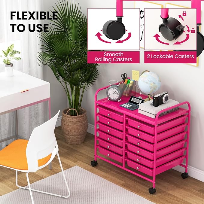 COSTWAY 12-Drawer Rolling Storage Cart, Utility Storage Organizer Cart for Tools, Scrapbook, Paper, Craft, Multipurpose Art Supply Organizer on Wheels for Home Office School, Teacher, Hot Pink
