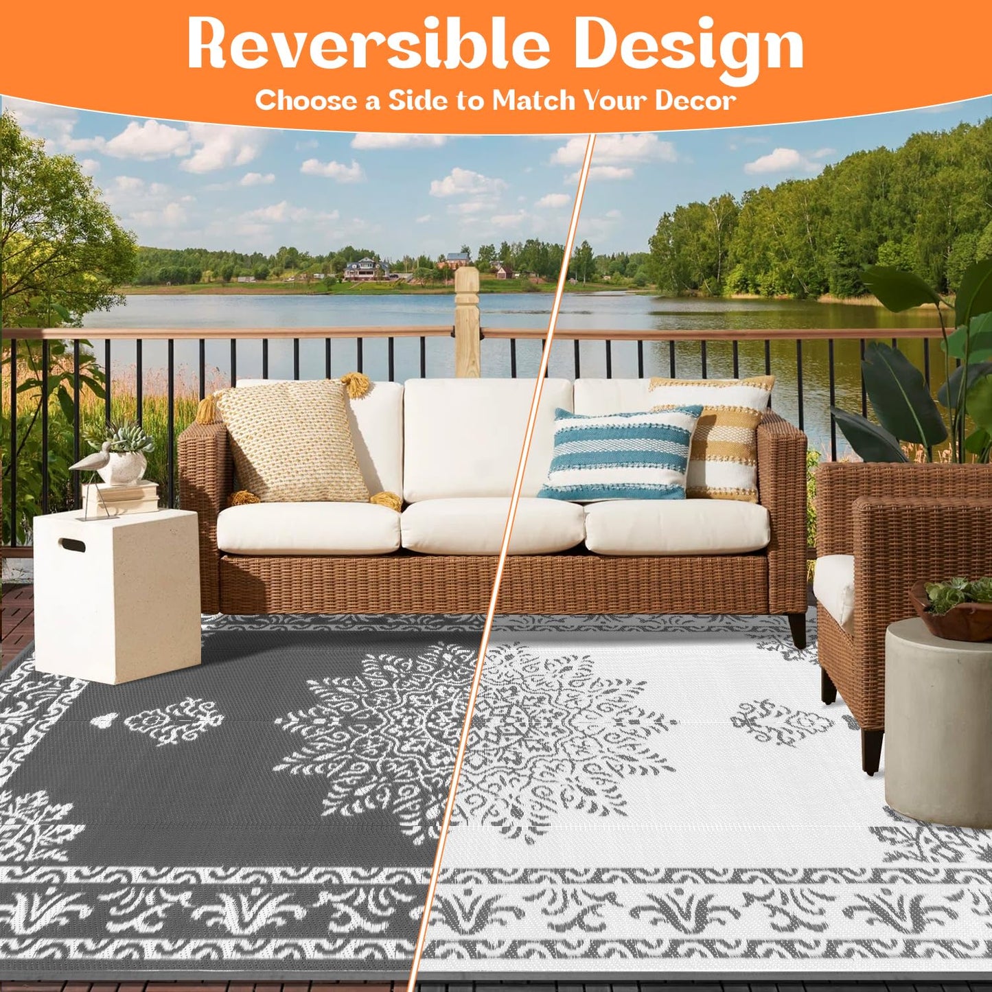 Yamaziot Outdoor Rug 9x12 Ft, Waterproof Plastic Straw Patio Rug, Reversible Backyard Carpet UV Resistant Portable RV Mat Clearance, Large Indoor Outdoor Rug for Patio, Porch, Deck, Balcony, Dark Gray