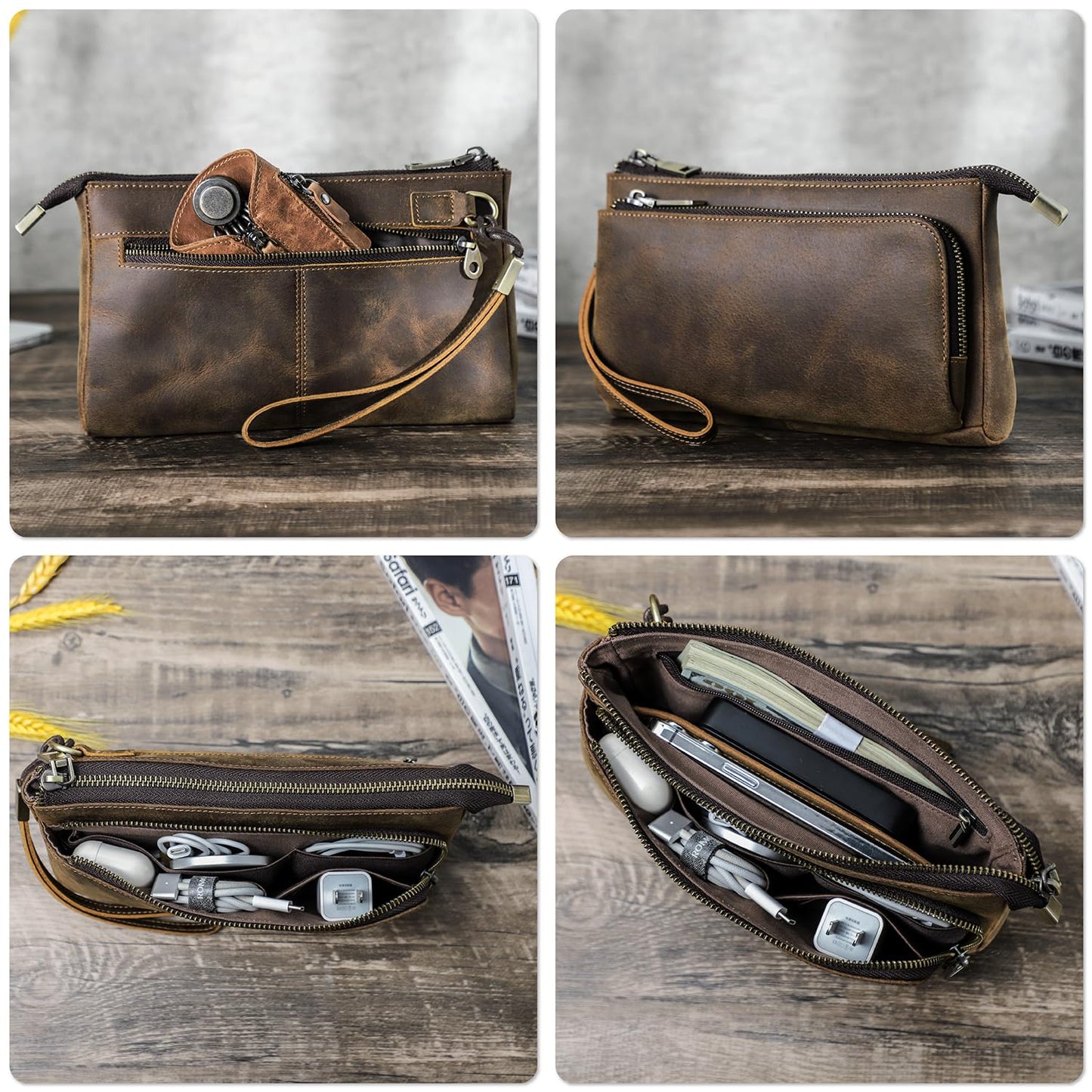 CataPurus Electronic Organizer Zipper Bag Tech Kit, Top Grain Leather Handmade, Portable Compact Travel Apple Accessories Storage Pouch Fits Phone, USB Cables, Power Banks, Chargers, Hard Drive