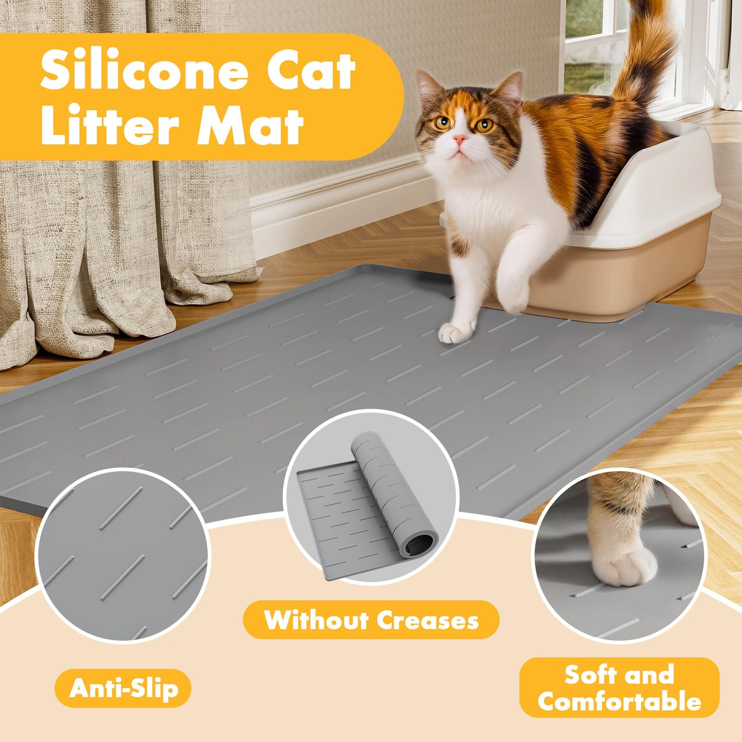 Pieviev Silicone Cat Litter Trapping Mat, 34''x22'' Large Cat Litter Mat, Easy to Clean & Soft on Kitty Paws, Waterproof Kitty Litter Pads for Indoor Cats, Light Grey