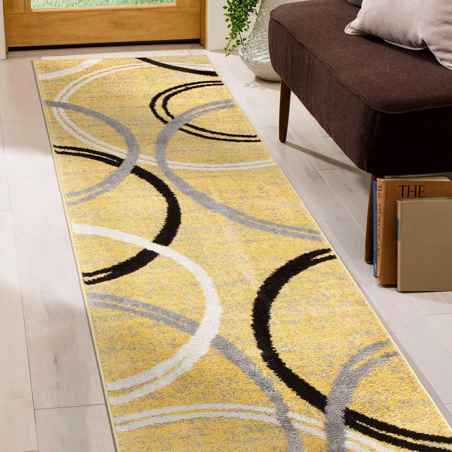 Rugshop Wavy Circles Design Runner Rug, Fade-Resistant Carpet for Hallway, Entryway, or Kitchen, Yellow, 2' x 7'2"