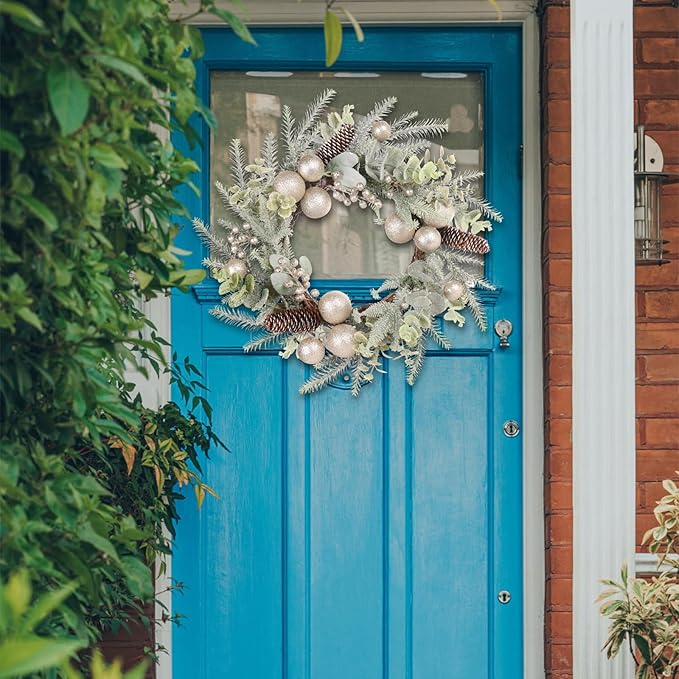 Super Holiday Christmas Wreath, 19Inch Artificial Winter Wreaths for Front Door Decorations with Wreath Hanger, for Indoor Outdoor Home Hoilday Party Xmas Wall Decor - Champagne