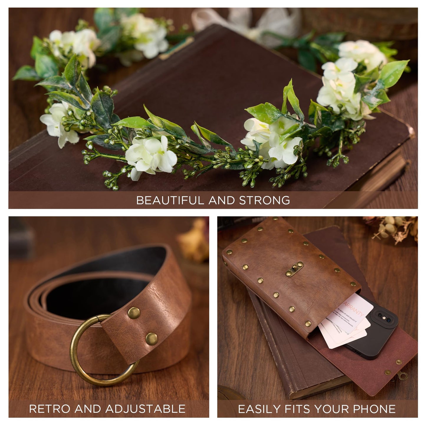 YESSA Renaissance Accessories,Medieval Viking Leather Belt Pouch Coin Purse,Ren Faire Headpiece Phone Holder Waist Bag Halloween Cosplay Pirate Costumes Set,Brown