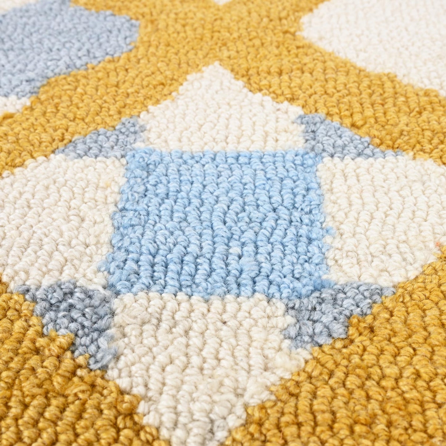 Hand-Tufted Wool Rug with Scalloped Edges | Checkered Light Blue Plaid Pattern Yellow Motif | Cozy Soft Area Rugs Carpet for Living Room, Bedroom, Nursery (Light Blue, Mustard Yellow, 6' x 9')