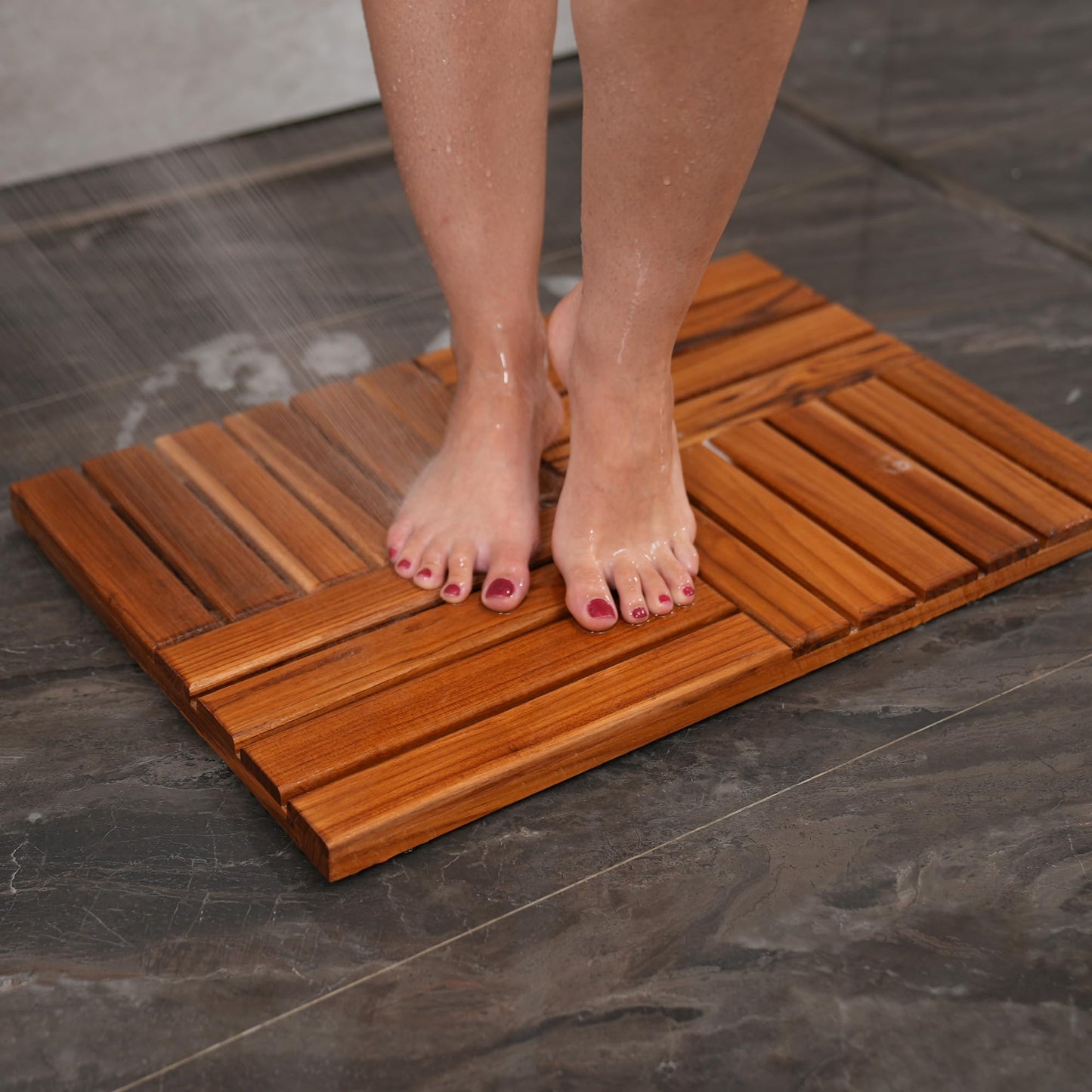 Utoplike Teak Wood Bath Mat, Wooden Shower Mat for Bathroom, 24 x 16 inch Non Slip Wood Floor Sturdy Mat for Inside Shower Luxury Spa Home or Outdoor