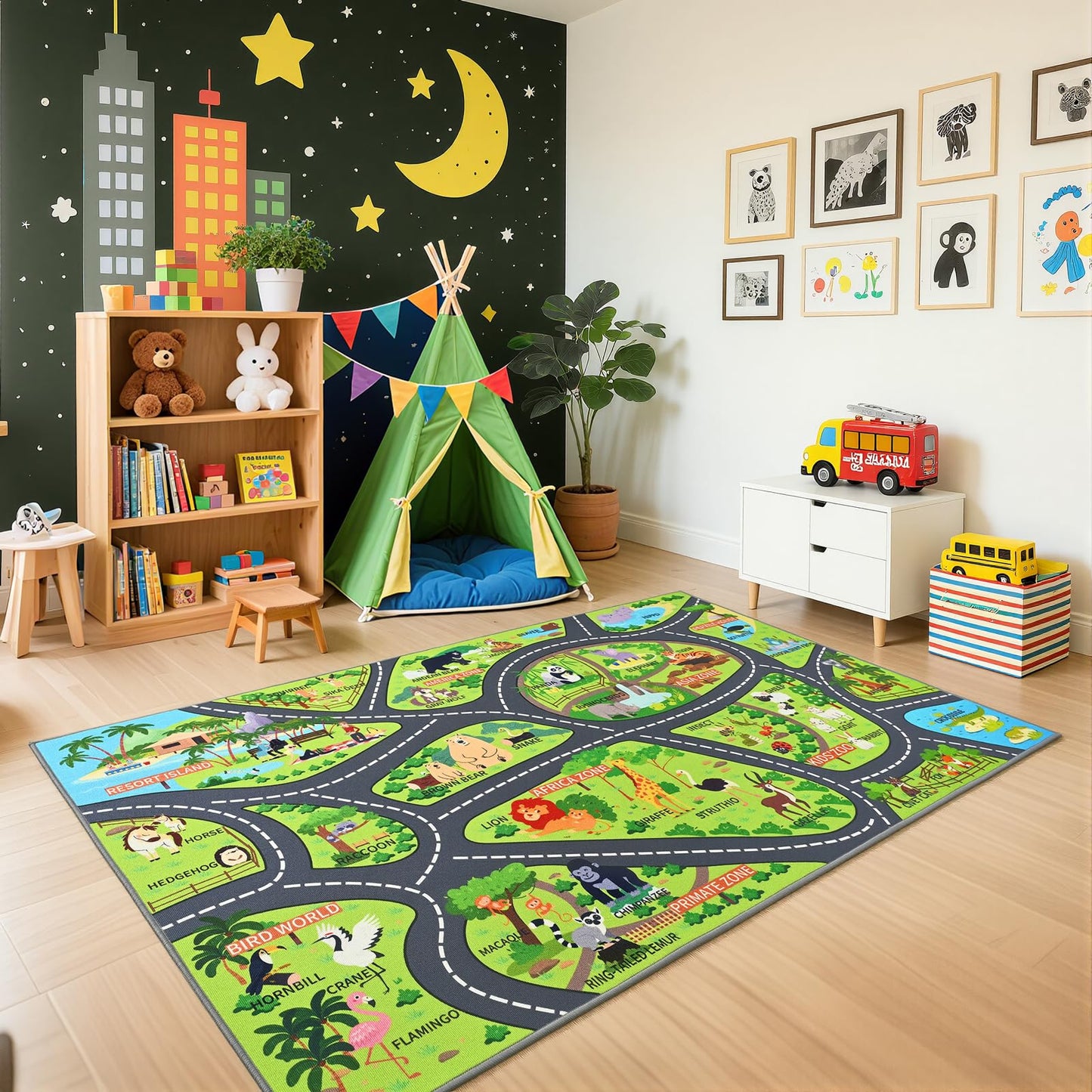 B BENRON Zoo Adventure Kids Car Rug, Cute Animal Play Mat with Non-Slip Backing, Kids Carpet with Lions, Tigers & Giraffes for Educational and Fun Playtime, 60"x36"