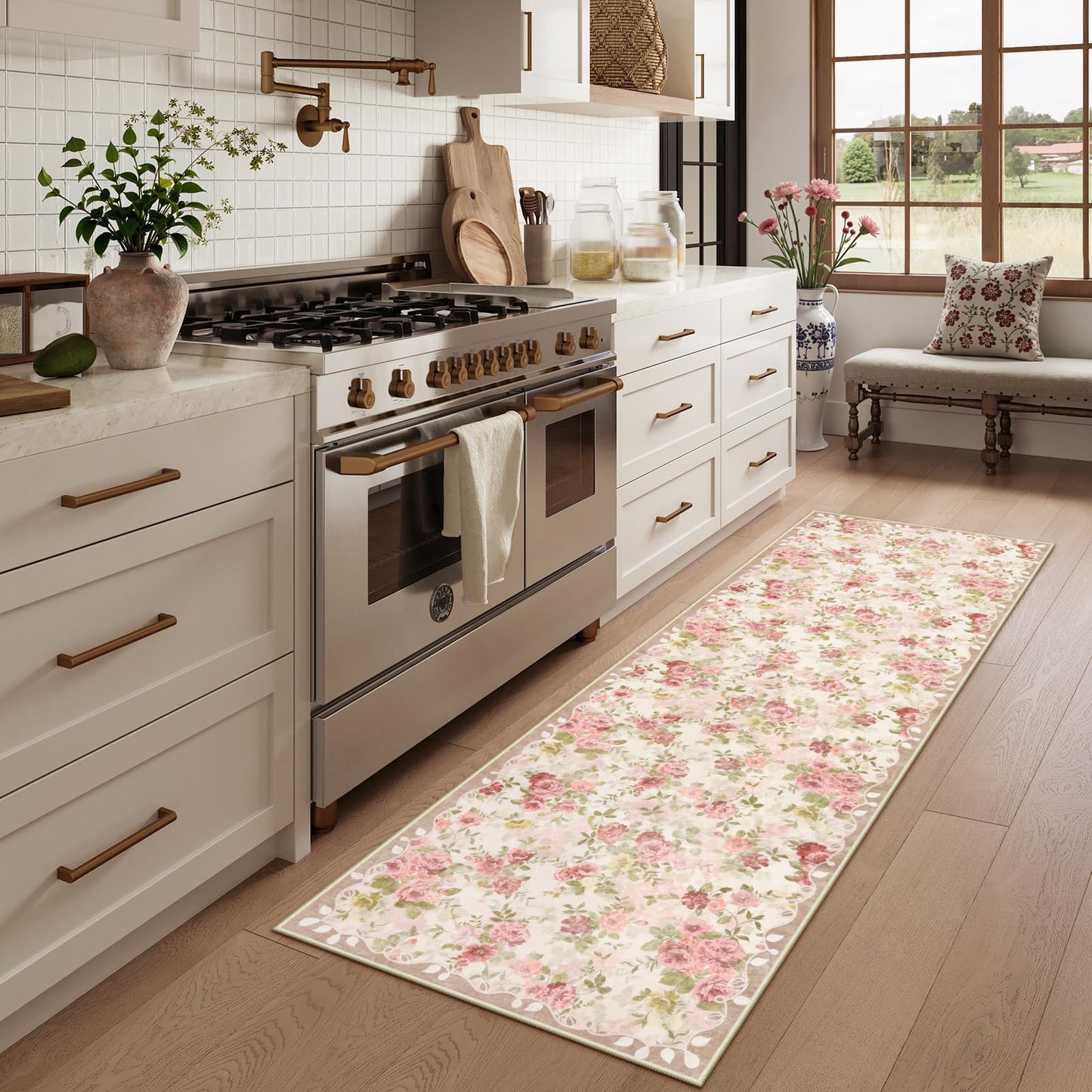 Lahome Floral Runners for Hallways Non Slip, 2x6 Washable Kitchen Runner Rug, Soft Boho Throw Carpet for Girls Bedside Bedroom Laundry Bathroom Nina Beige/Pink/Multi