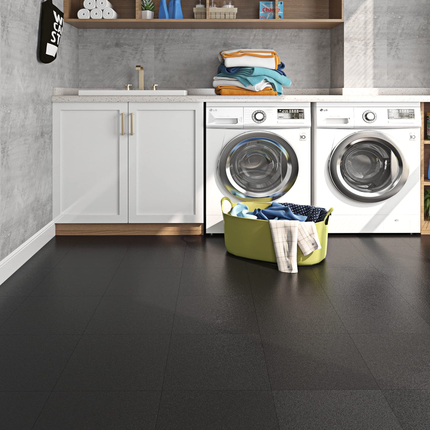 Livelynine Matte Black Peel and Stick Floor Tile Bathroom Floor Tiles Waterproof Stick on Tiles for Kitchen Basement Vinyl Flooring Sticky Laminate Flooring Stickers Garage Non Slip 4-Sheet 12x12