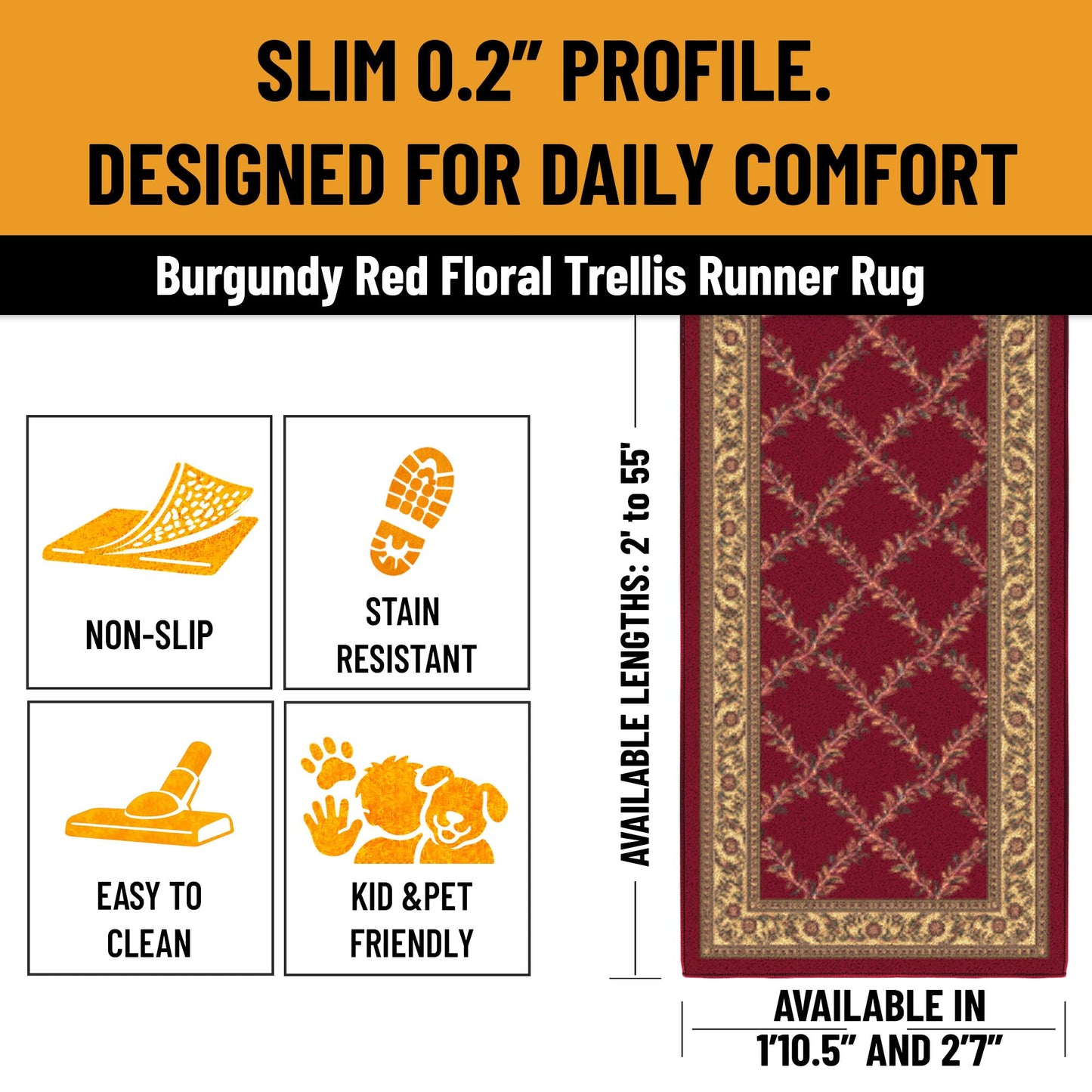 Ottomanson Accent Rug – Non Slip Low Pile Small Rug for Entryway, Bedroom, Bedside & Coffee Table Areas, 2'7" x 4', Trellis Red
