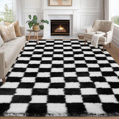 Garvee Checkered Area Rug 9x12 Large Rug Thick Super Soft Shaggy Rugs Fluffy Carpet Fluffy Fuzzy Shag Washable Rugs for Living Room Nursery Bedroom Luxury Playroom Teen Plush Carpets,Black and White