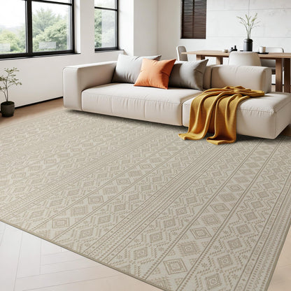 Joydeco 5×7 Area Rugs for Living Room, Non-Slip Boho Moroccan Soft Washable Rug, Low Pile Carpet for Bedroom, Dining Room, Home Office, Pet & Child Friendly, Cream&Dark Brown