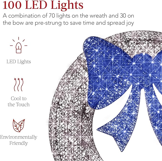 Best Choice Products 30in Pre-Lit Outdoor Christmas Wreath Decoration, LED Metal Holiday Decor for Home w/ 100 Lights, Bow - Hanukkah Silver/Blue