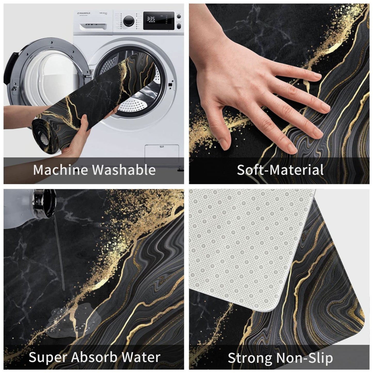 Black and Gold Marble Bath Mats for Bathroom, Soft Absorbent Bath Rug Non-Slip Floor Rug Carpets for Kitchen Bathroom Laundry Bedroom Living Room Decoration