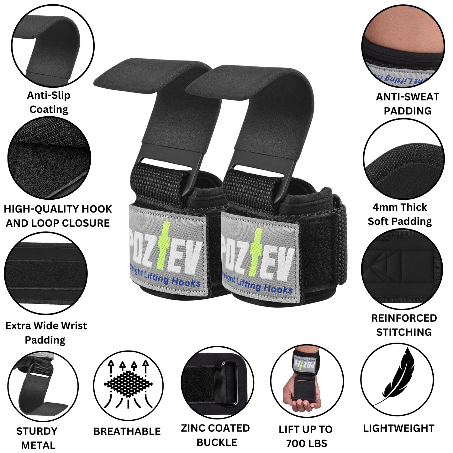 Weight Lifting Hooks (PAIR) - Padded Wrist Wraps - Hand Grips Deadlift Straps for Men and Women - Grip Support for Bodybuilding Heavy Gym Workout - Ideal for Deadlifts, Powerlifting, Shrugs, Pull-Ups