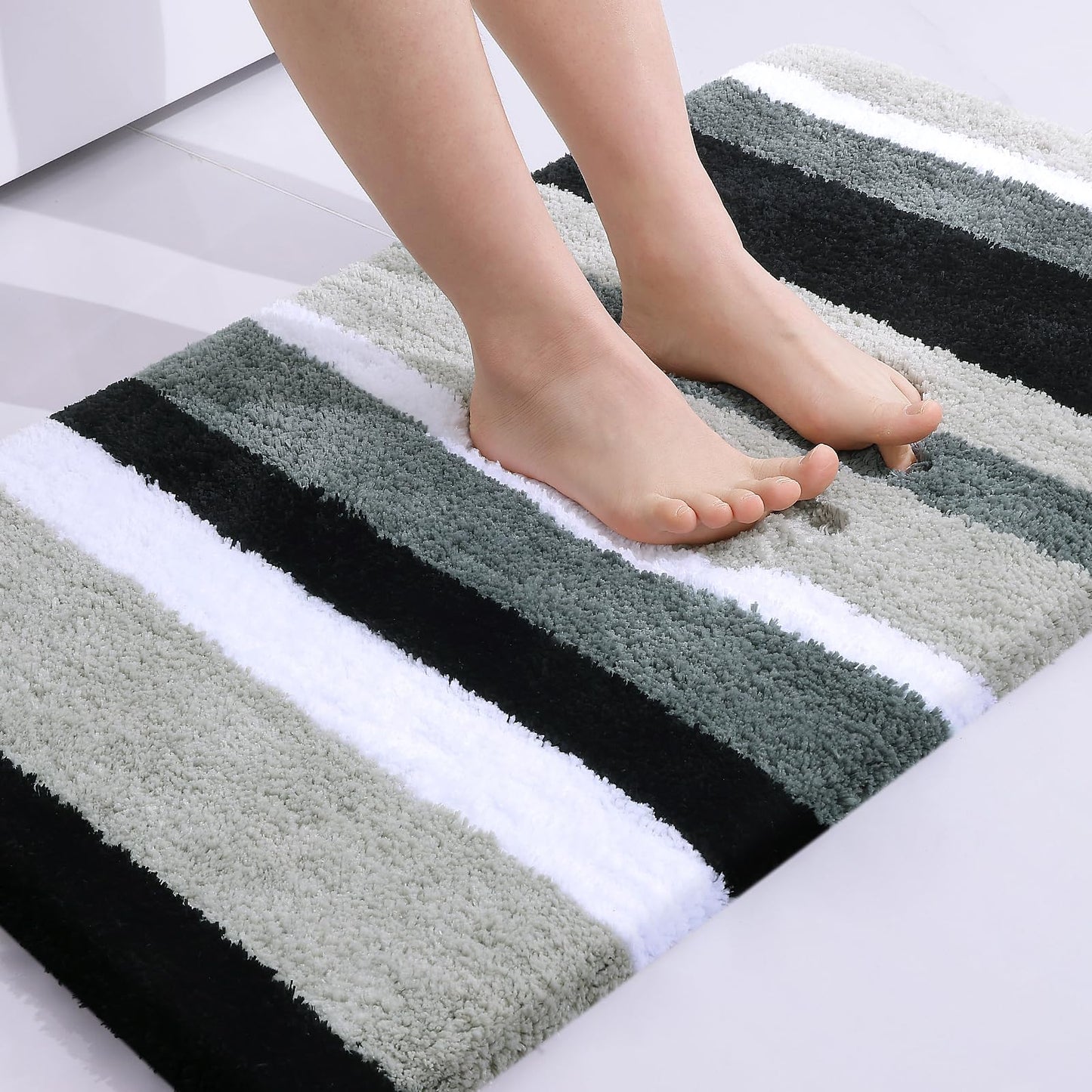 Buganda Microfiber Striped Bathroom Rugs Bath Mat, Extra Thick, Soft and Shaggy, Absorbent, Machine Washable, Bath Rugs for Bathroom, Tub and Shower, 24x16 Inches, Black-Grey