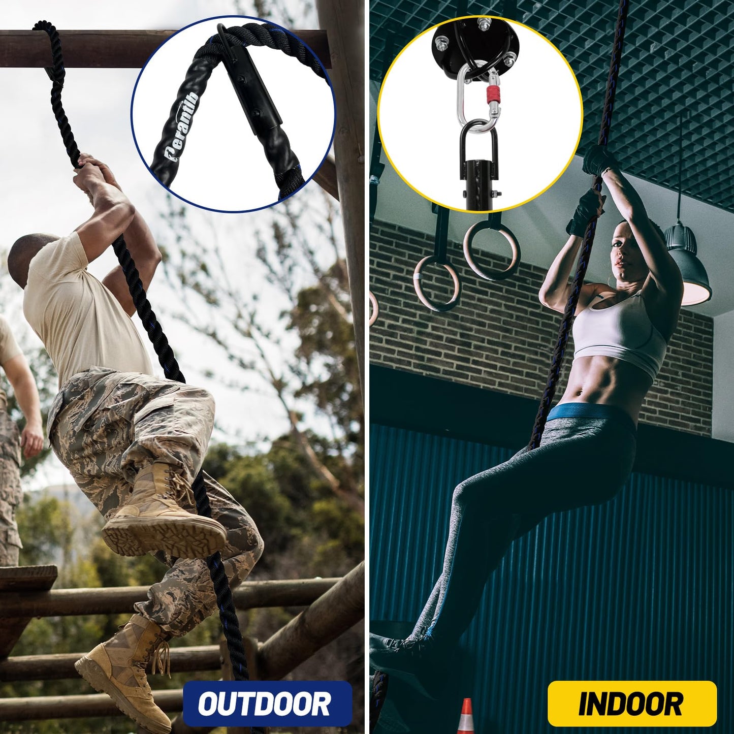 100% Polyester Climbing Rope with Hooks - Heavy Duty 1000LBS Load Capacity, 1.5inch Diameter, 10,15,20,25,30,50ft Length for Outdoor Rock Climbing, Rescue & Escape (10ft)