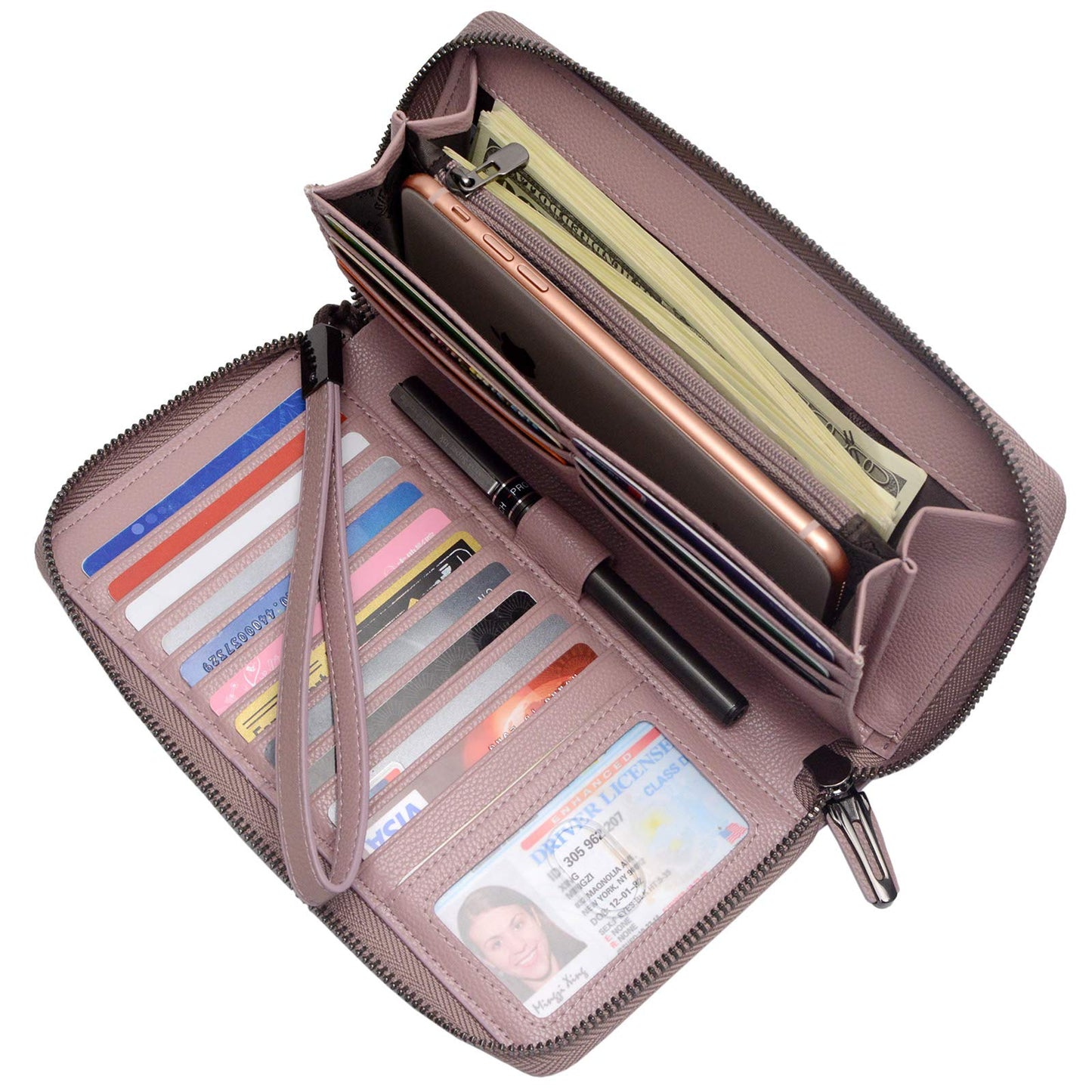 Bveyzi Women RFID Blocking Wallet Leather Zip Around Phone Clutch Large Capacity Ladies Travel Purse Wristlet (Dark Pink)