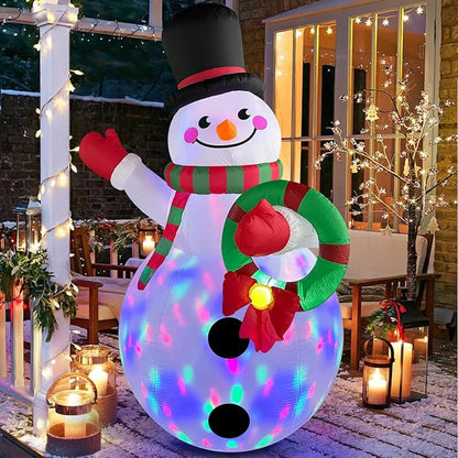 Danxilu 6 FT Christmas Inflatable Snowman with Colorful Rotating Led Lights Outdoor Yard Decorations, Blow up Snowman with Wreath and Cheerful Waving Xmas Decor for Garden Lawn Porch Holiday Party