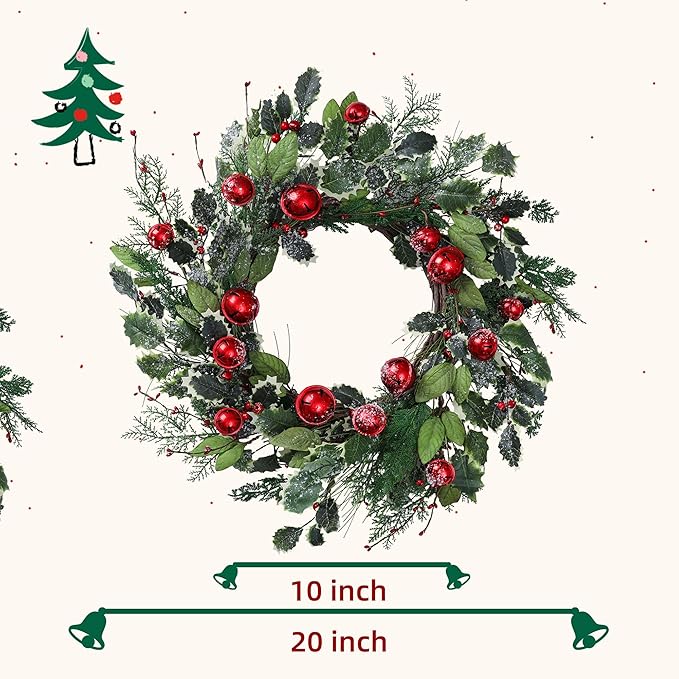 YNYLCHMX 20 Inch Winter Wreath for Front Door, Winter Wreaths with Pine Needles Holly Red Bells, Artificial Door Snowy Wreaths for Outdoor Indoor Reef Farmhouse Windows Wall Holiday Decoration