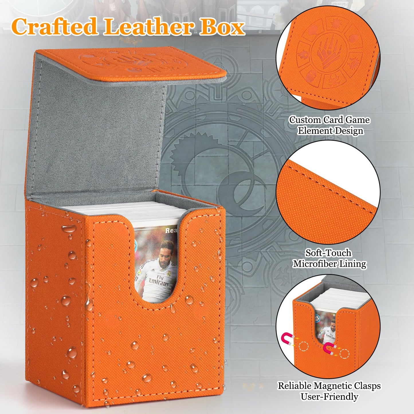 Arkeiliy Card Deck Box, 110+ Storage MTG Deck Box with 50 Pcs Card Sleeve, Collectible Trading Card Cases for Magic Commander and More (Orange)